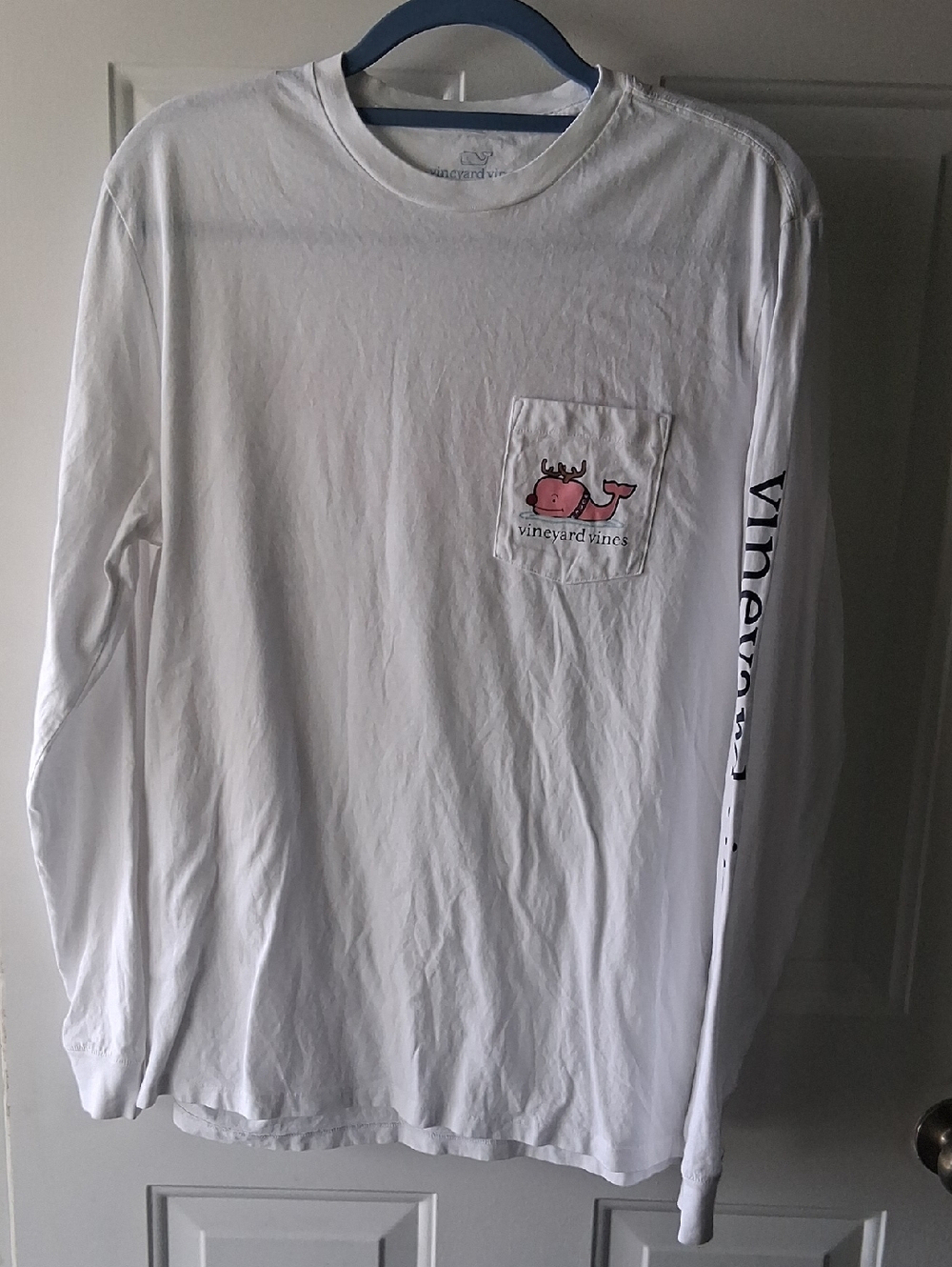 Vineyard Vines White Long Sleeve Tee with Pink Whale Pocket